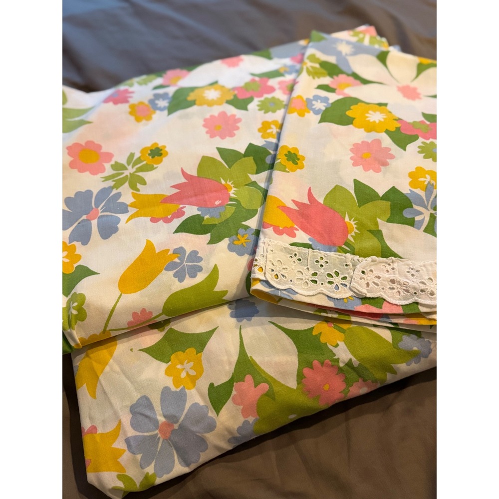 Vintage Cannon Monticello Twin Sheet set. Floral Eyelet Lace Cottagecore Retro - Picture 3 of 4